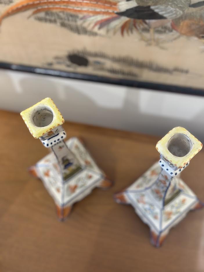 Pair of French Handpainted Candlestick Holders