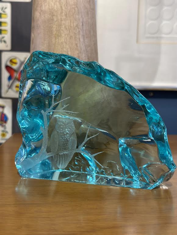 Signed Etched Owl in Glass