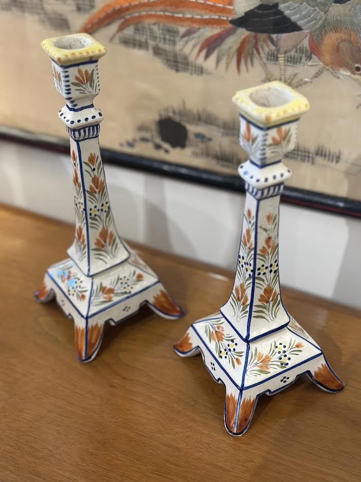 Pair of French Handpainted Candlestick Holders
