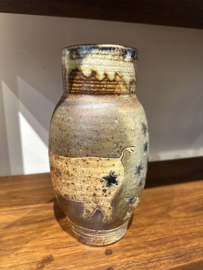 Rhino Themed Pottery Vase Signed