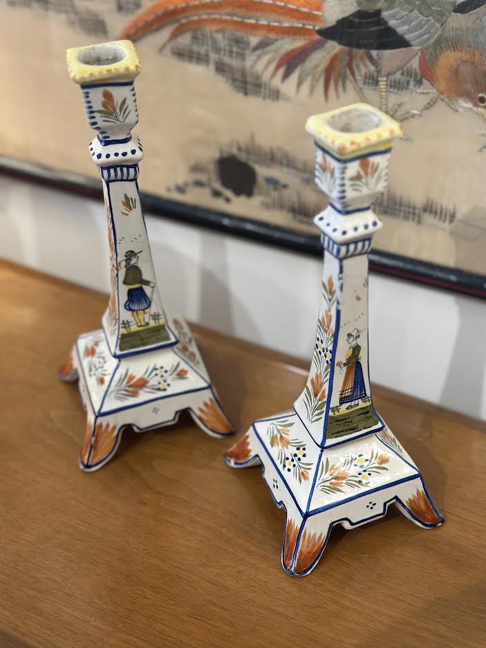 Pair of French Handpainted Candlestick Holders