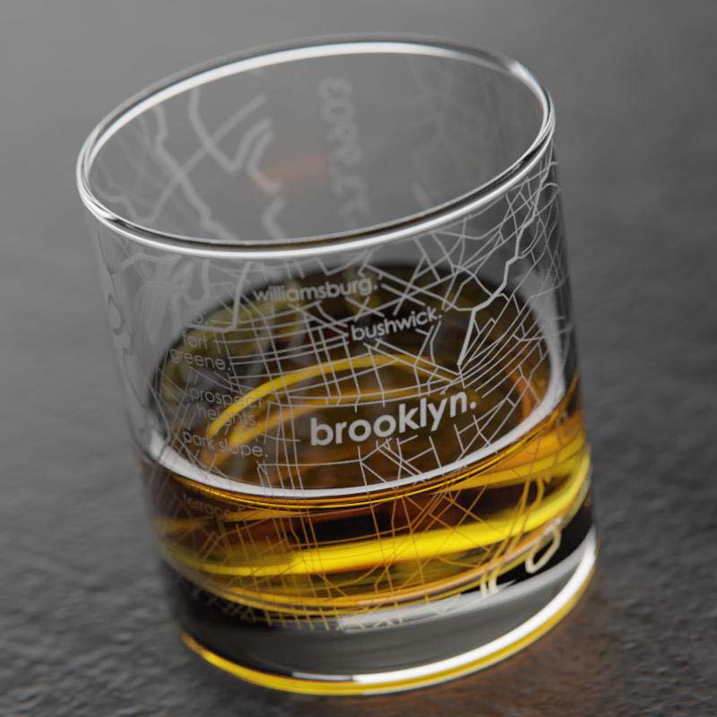 Etched Brooklyn Map Rocks Glass