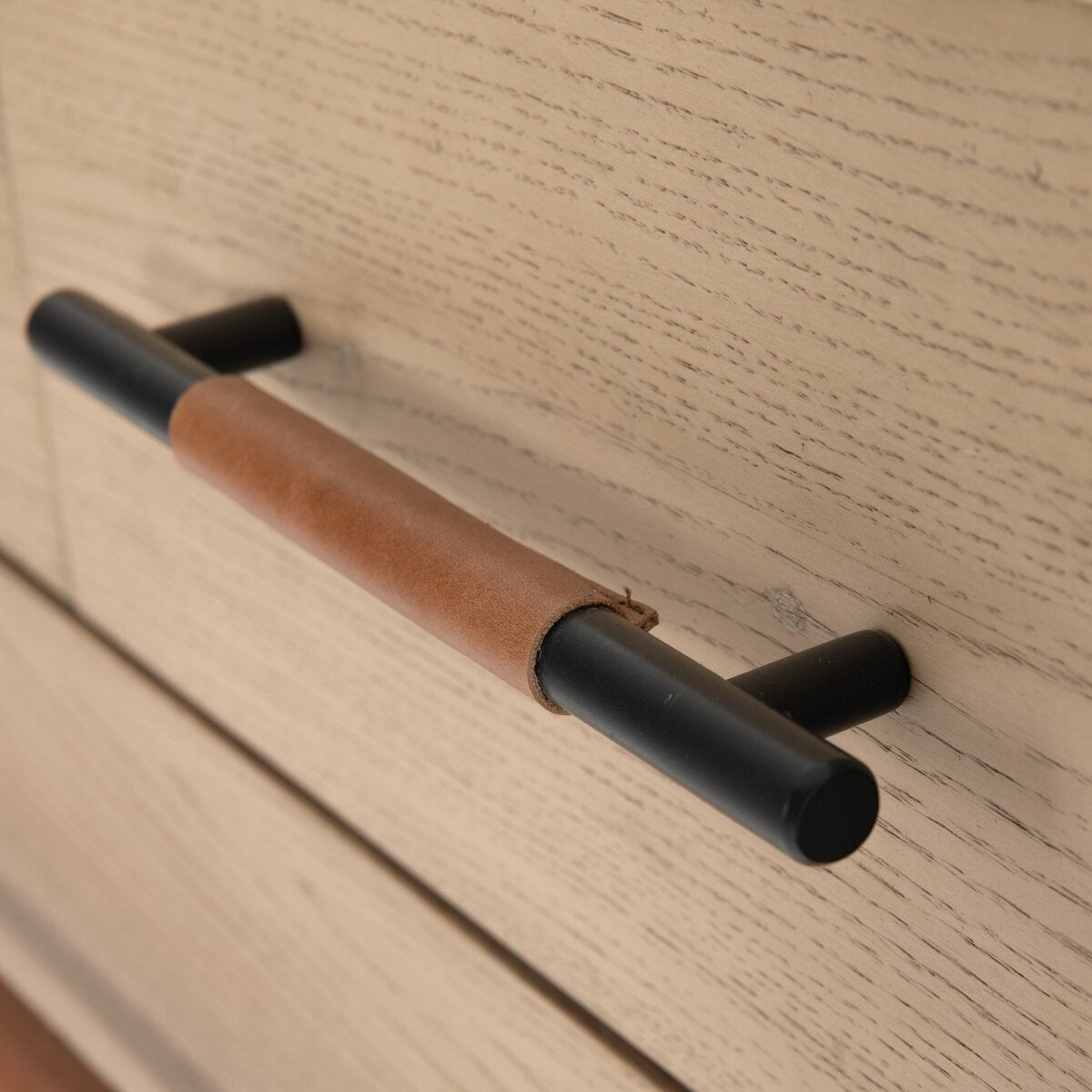 Amber Oak Tall Dresser with Leather Wrapped Pulls