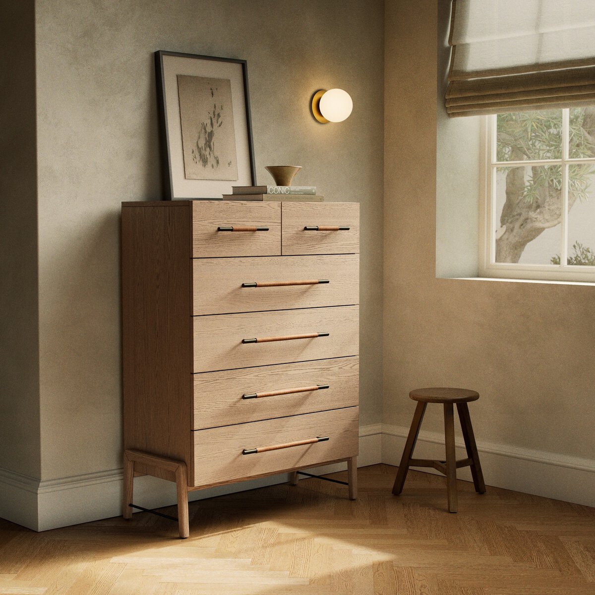 Amber Oak Tall Dresser with Leather Wrapped Pulls
