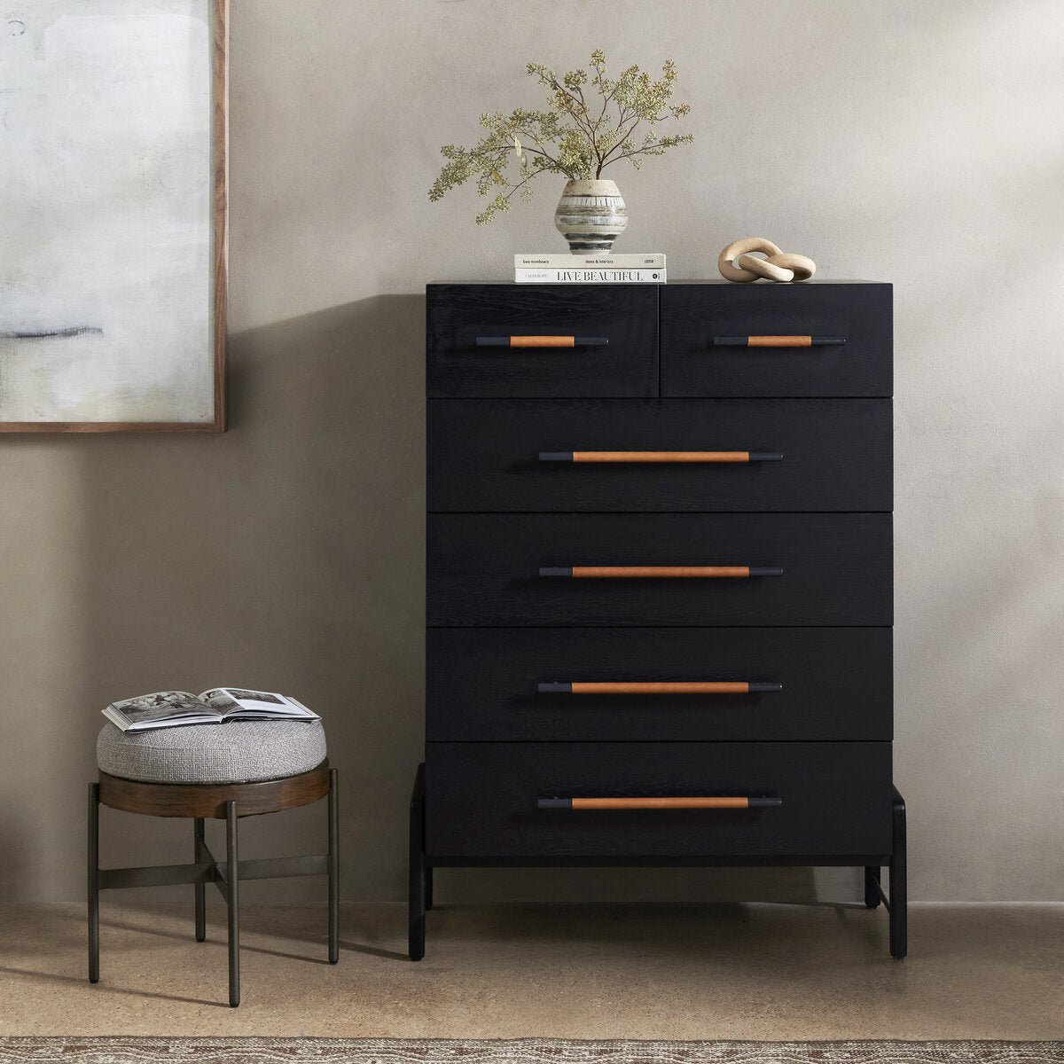 Amber Oak Tall Dresser with Leather Wrapped Pulls