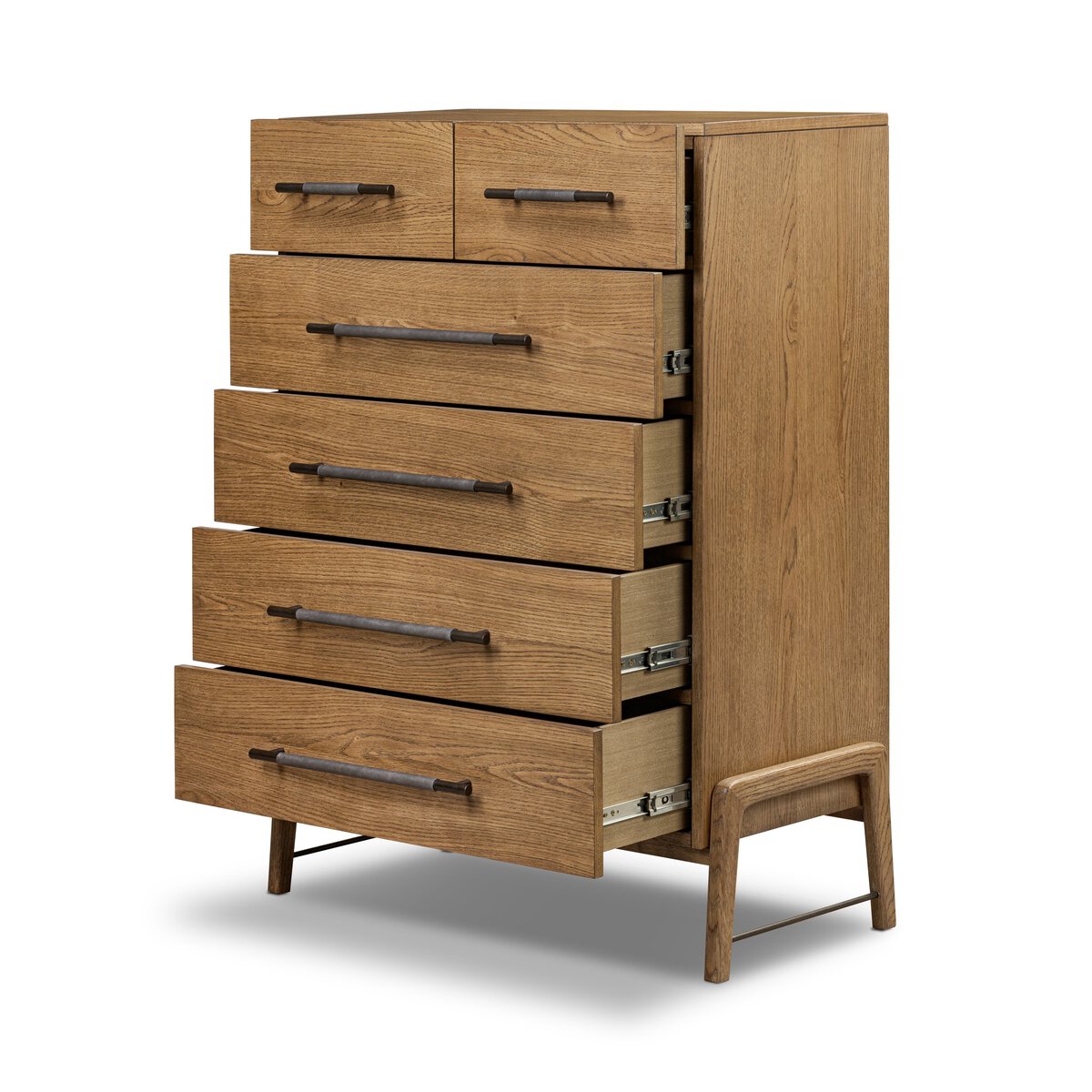 Amber Oak Tall Dresser with Leather Wrapped Pulls