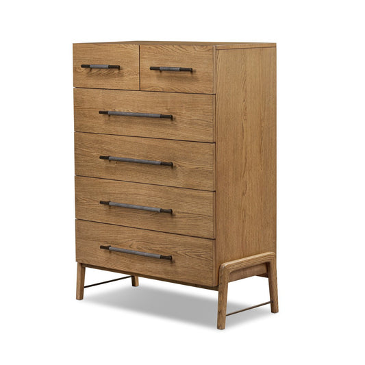 Amber Oak Tall Dresser with Leather Wrapped Pulls