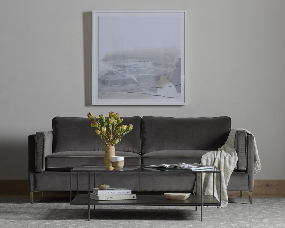 Distressed Velvet Sofa with Brass Legs