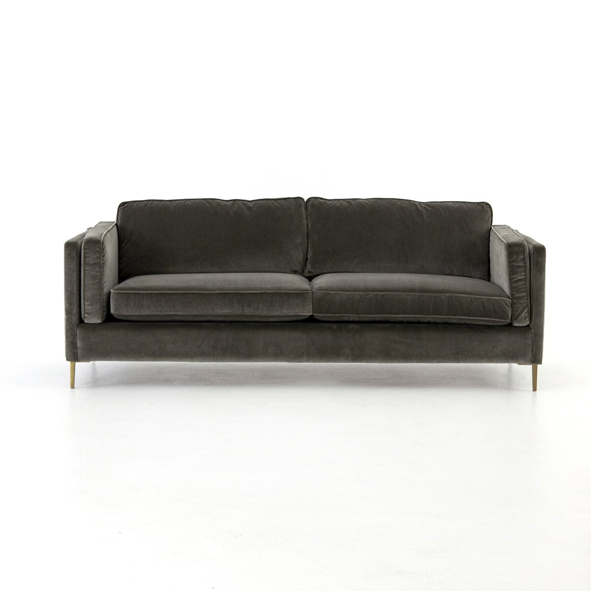Distressed Velvet Sofa with Brass Legs