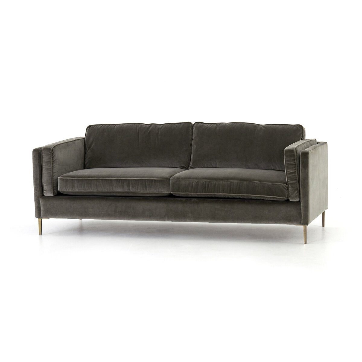Distressed Velvet Sofa with Brass Legs