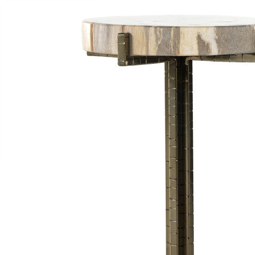 Brass and Light Petrified Wood Small Round Table