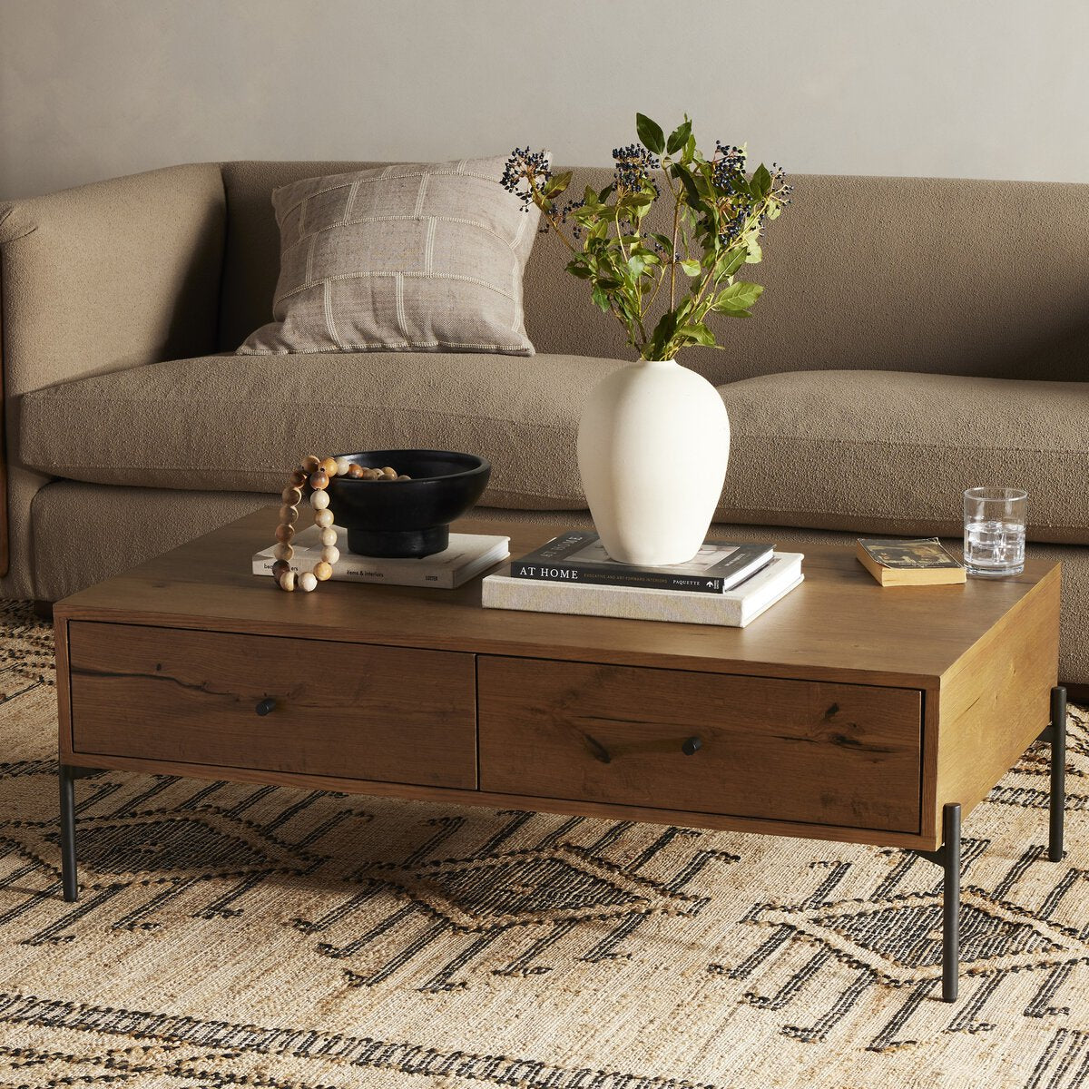 Two Drawer Oak and Iron Coffee Table