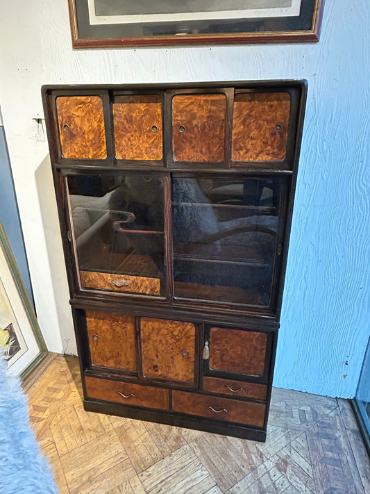 Japanese 2 Piece Stacked Tea Cabinet with Burlwood Insets