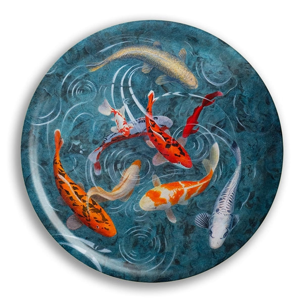 A Pond Of Koi Fish Round Birch Wood Tray