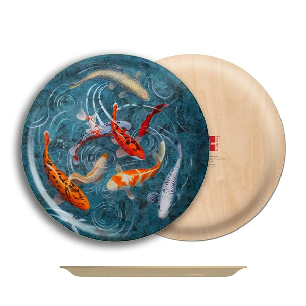 A Pond Of Koi Fish Round Birch Wood Tray