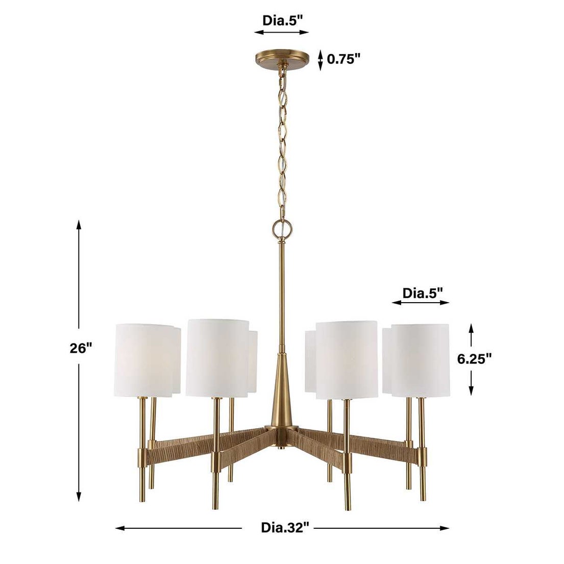 Rattan Wrapped Brass 8 Light Chandelier
