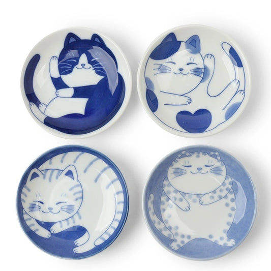 Blue & White Cat 3.75" Plate Set