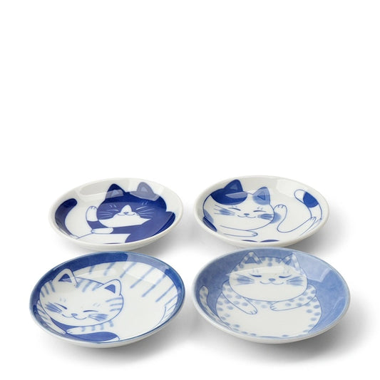 Blue & White Cat 3.75" Plate Set