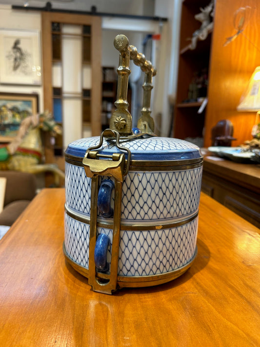 Vintage Porcelain & Brass Stacked Tiffin Carrier
