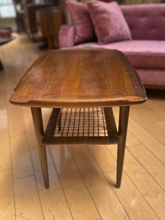 Danish Walnut End Table with Wicker Shelf