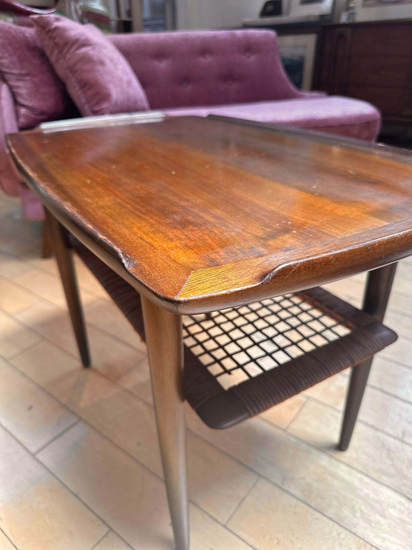 Danish Walnut End Table with Wicker Shelf