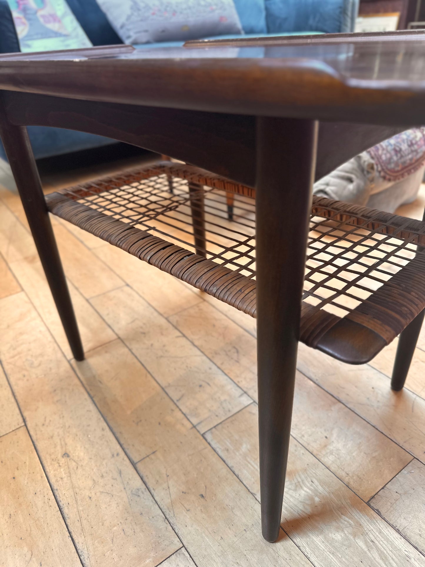 Danish Walnut End Table with Wicker Shelf