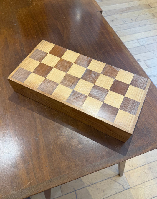 Vintage Folding Chess Set with Wood and Bone Pieces