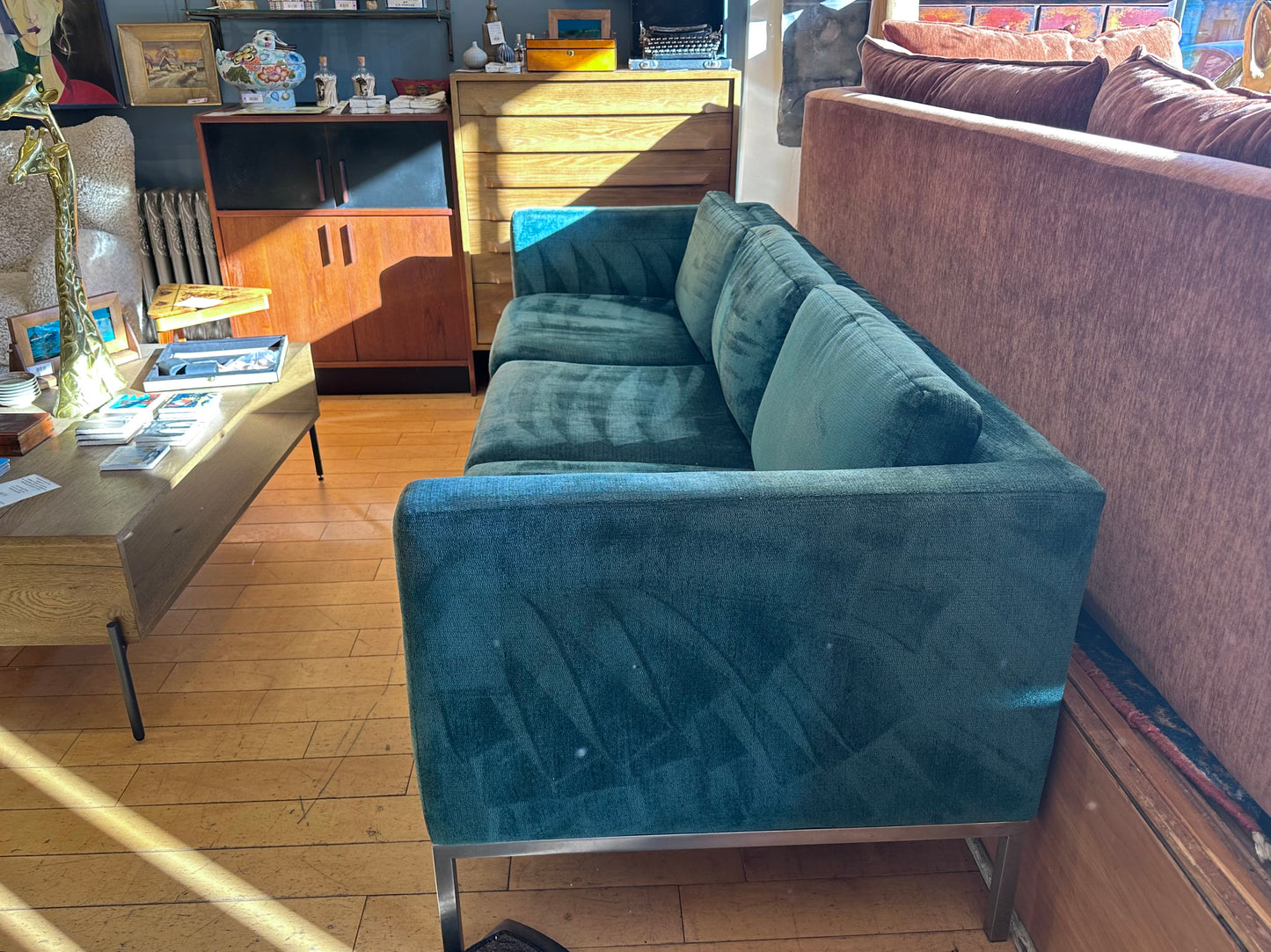 Teal And Chrome Upholstered Sofa