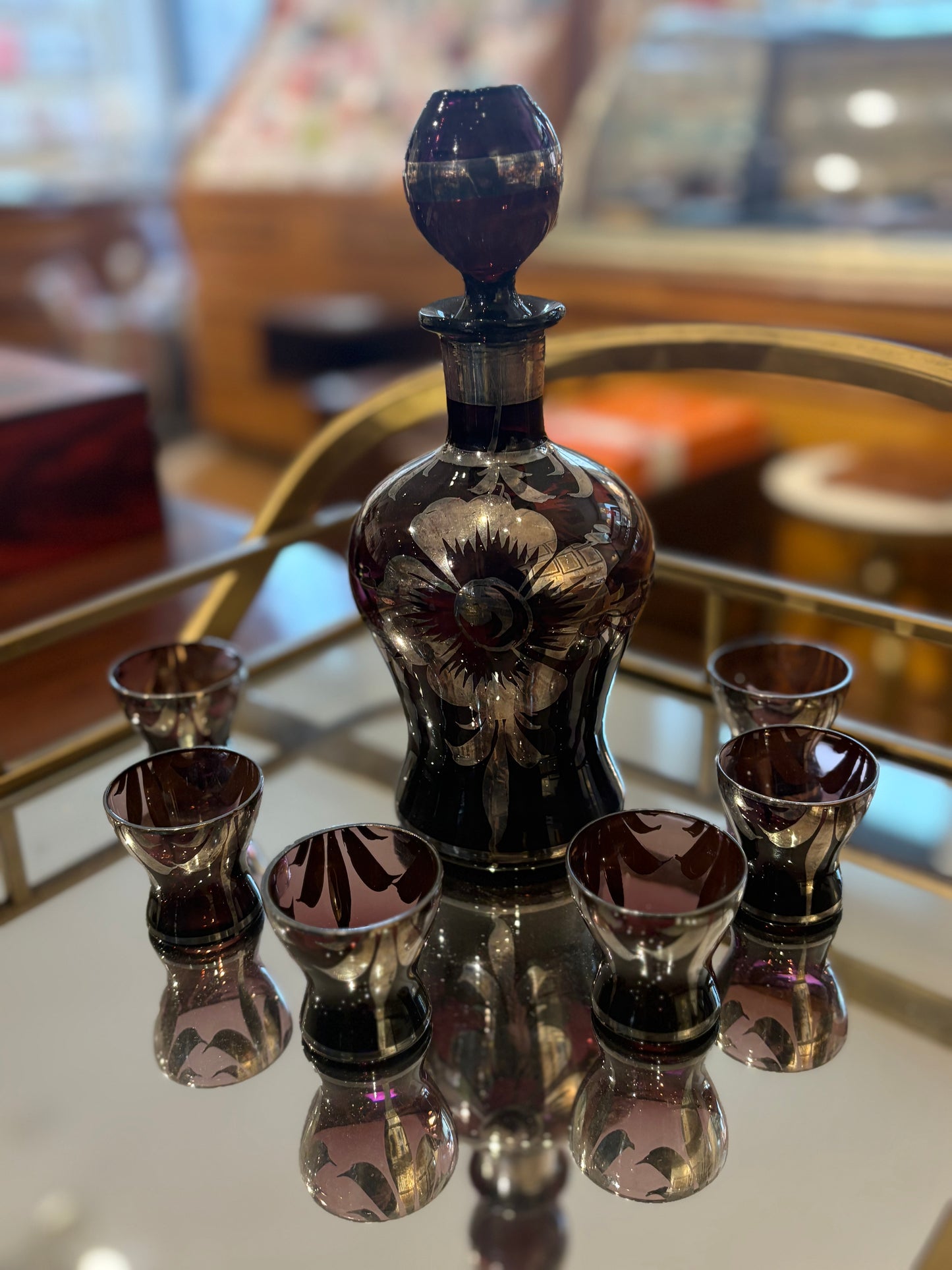 Burgundy and Silver Overlay Decanter Set