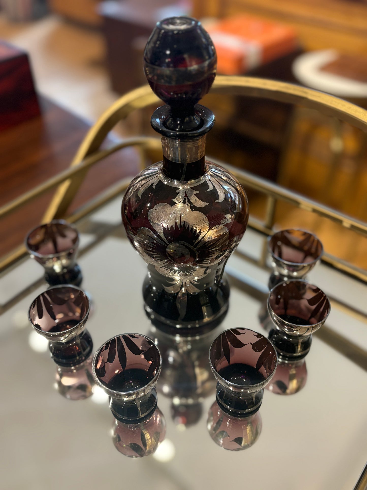 Burgundy and Silver Overlay Decanter Set