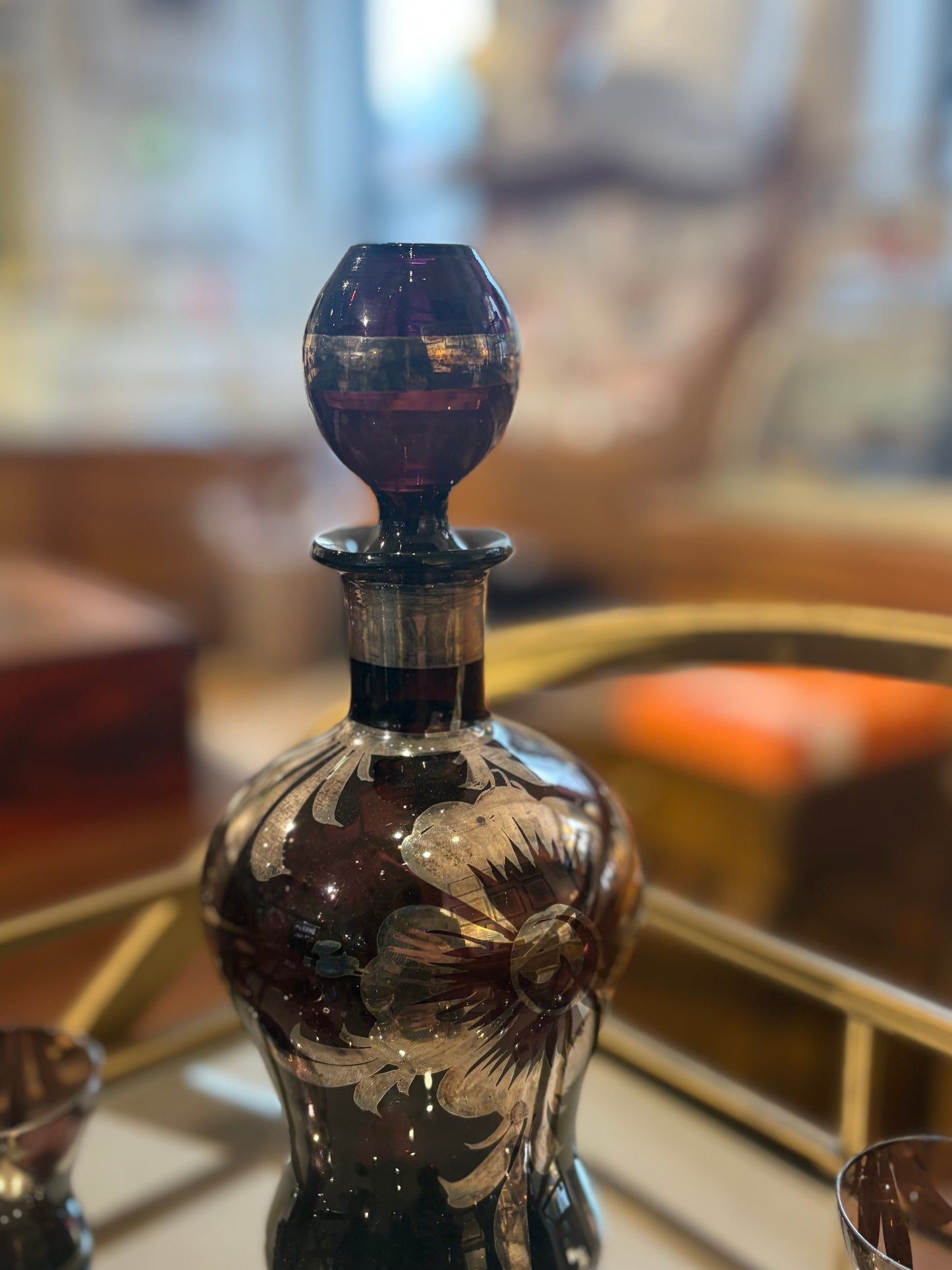 Burgundy and Silver Overlay Decanter Set