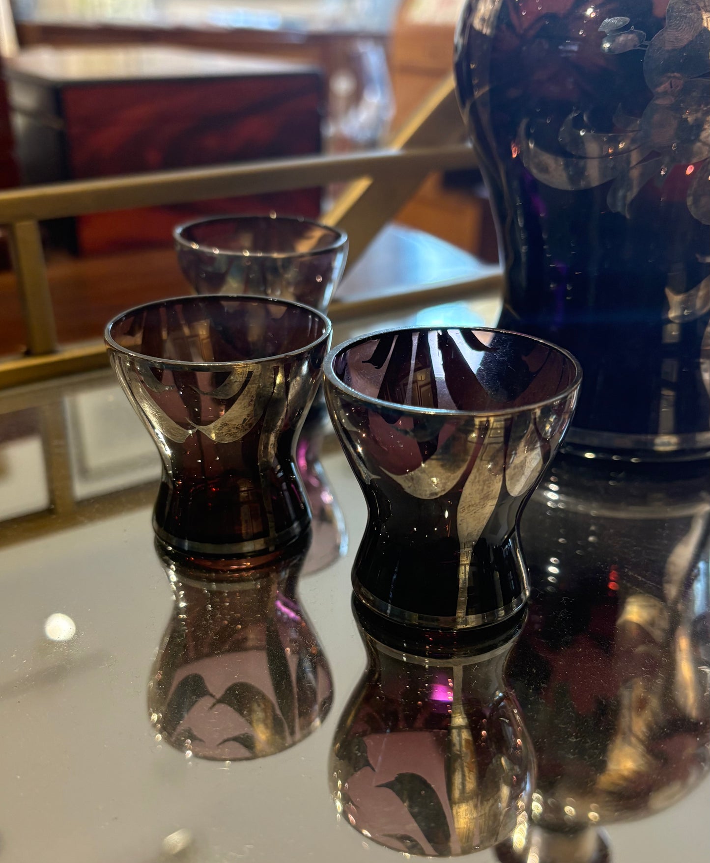Burgundy and Silver Overlay Decanter Set