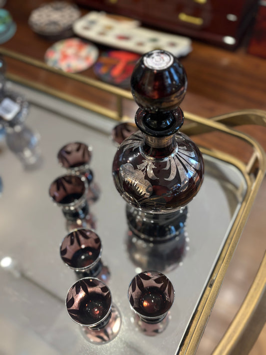 Burgundy and Silver Overlay Decanter Set