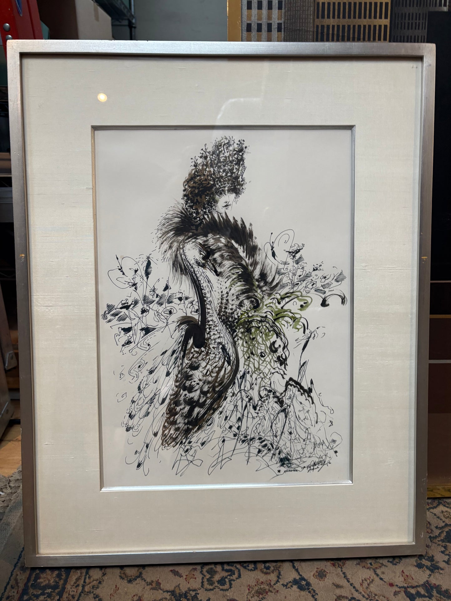 Signed Russian Woman in Coat Ink Drawing