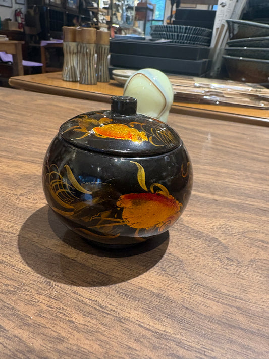 Round Black Painted Lacquered Box with Fish