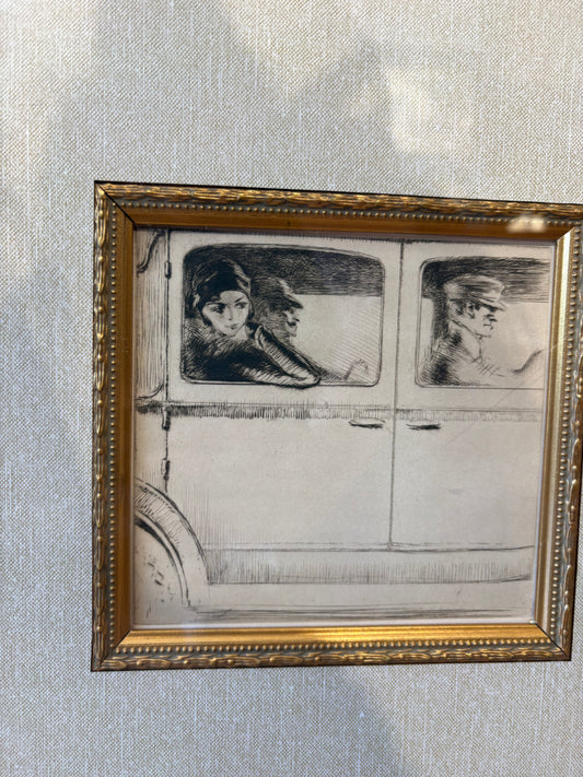 1930 Edgar Chahine "Le Femme Et L'Homme Bien, En Auto" Original Etching