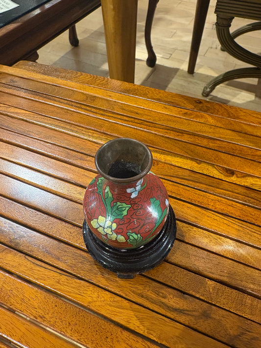 Tiny Red Cloisonne Vase on Wood Stand
