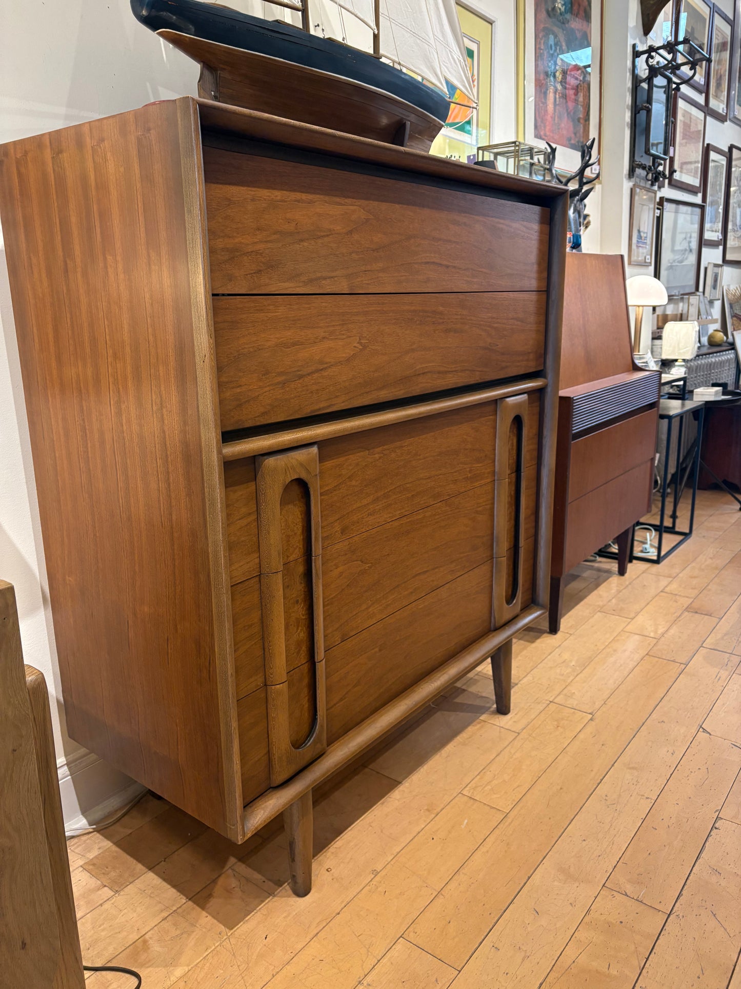 Lane Walnut 5 Drawer High Chest of Drawers with Wood Pulls