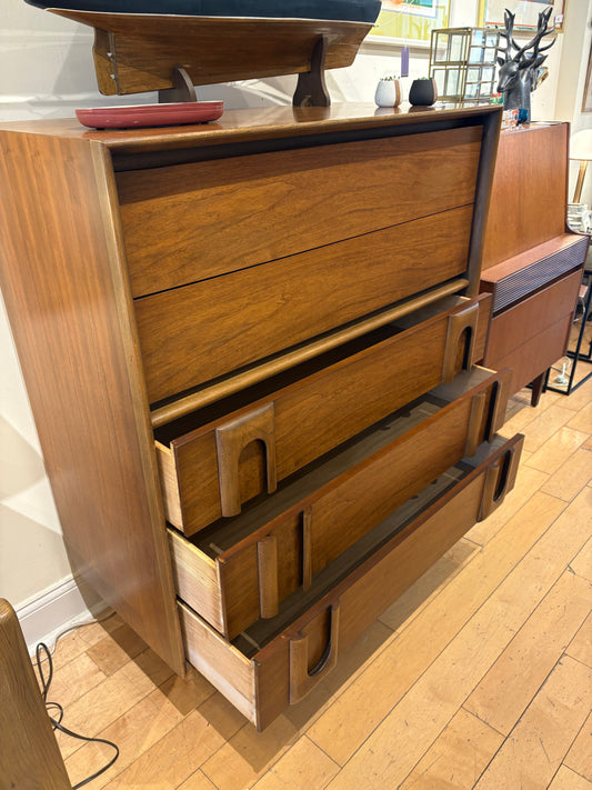 Lane Walnut 5 Drawer High Chest of Drawers with Wood Pulls