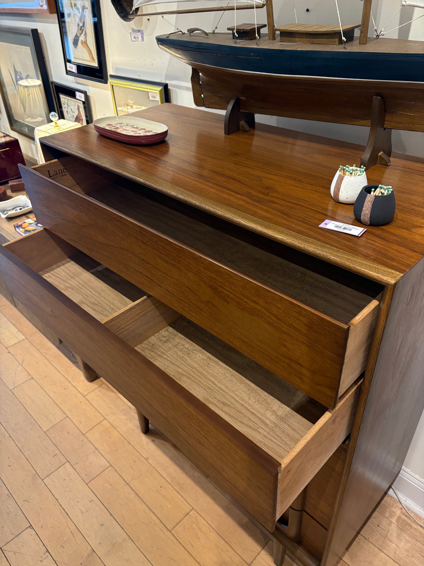 Lane Walnut 5 Drawer High Chest of Drawers with Wood Pulls