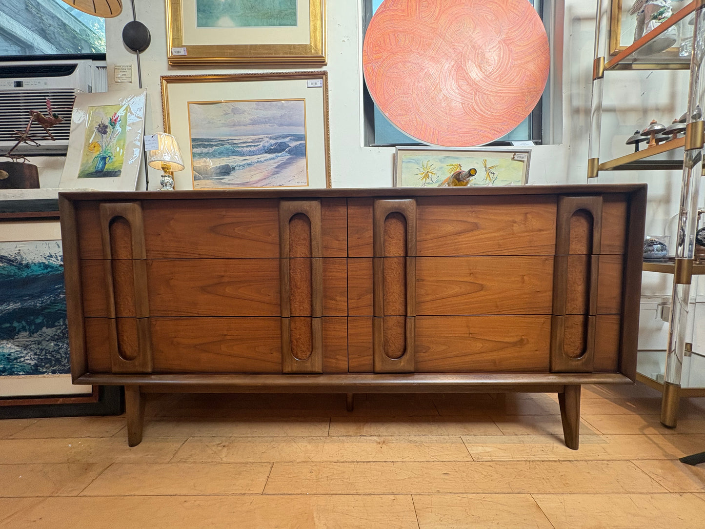 Lane Walnut 6 Drawer Low Dresser with Wood Pulls