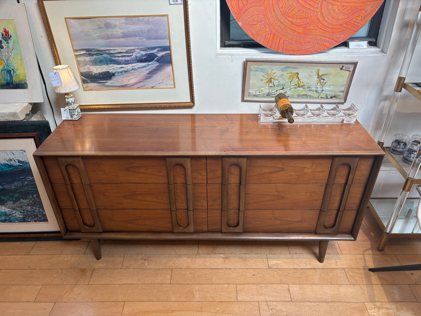 Lane Walnut 6 Drawer Low Dresser with Wood Pulls