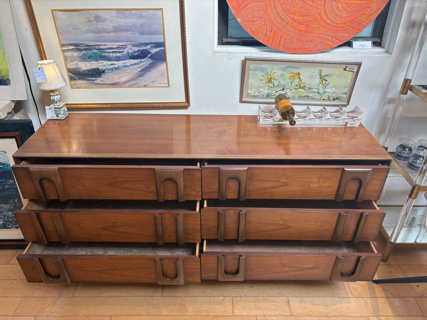 Lane Walnut 6 Drawer Low Dresser with Wood Pulls