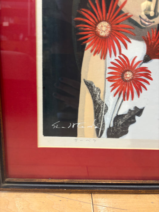Signed Shu Ikeda Girl with Flowers Woodblock Print 48/100