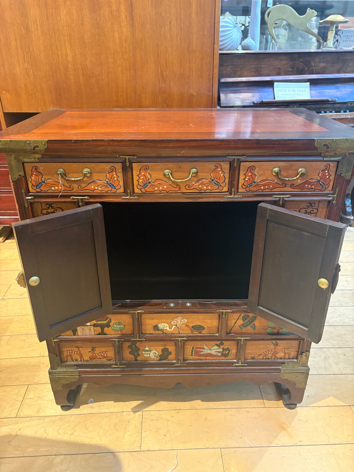 Illustrated Asian Cabinet with 3 Small Drawers