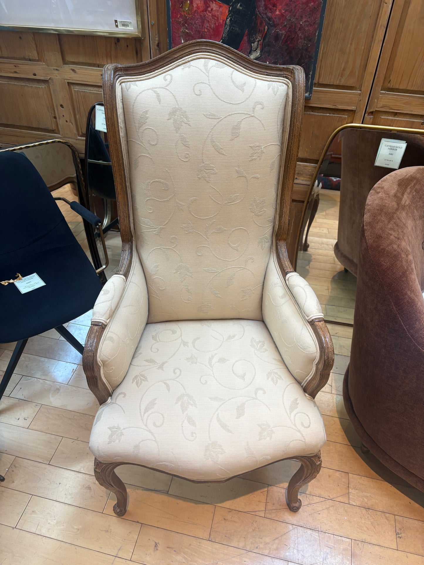 Tall Back Upholstered Armchair with 2 Round Pillows