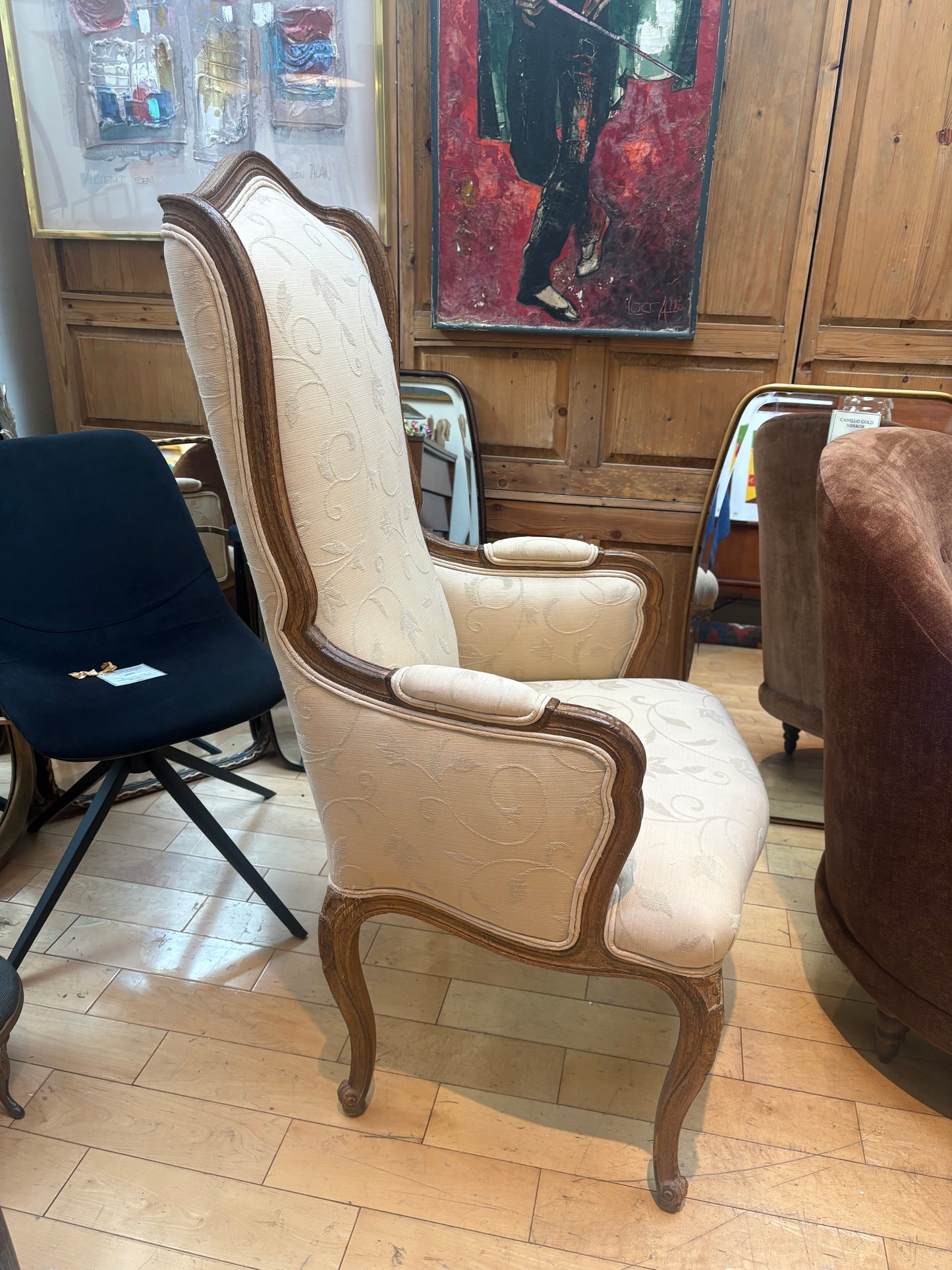 Tall Back Upholstered Armchair with 2 Round Pillows