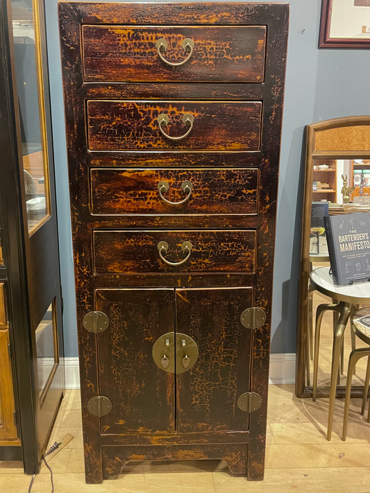 Tall Distressed 4 Drawer Chest with Lower Cabinet