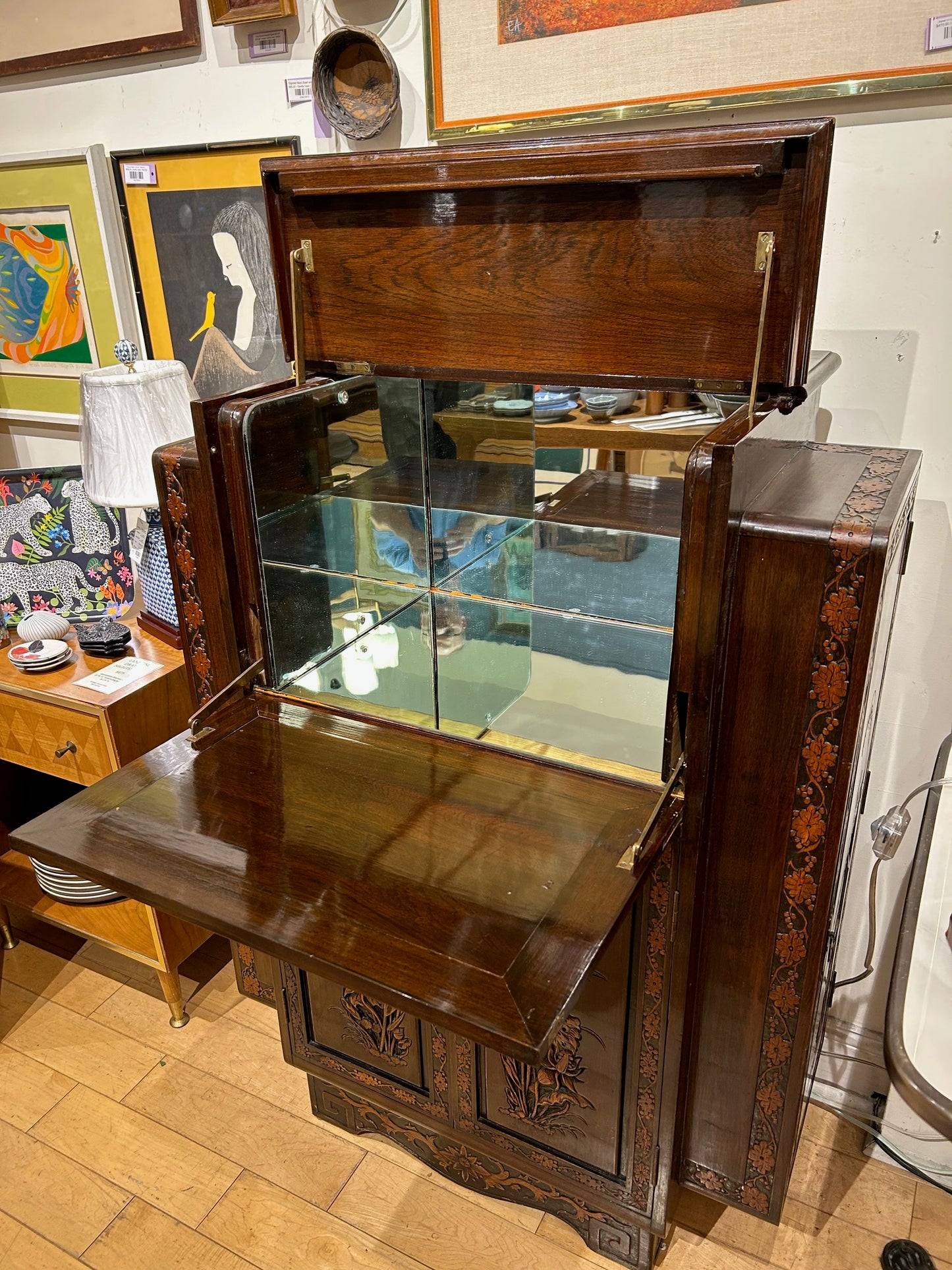 Asian Bar Cabinet with Carved Detail