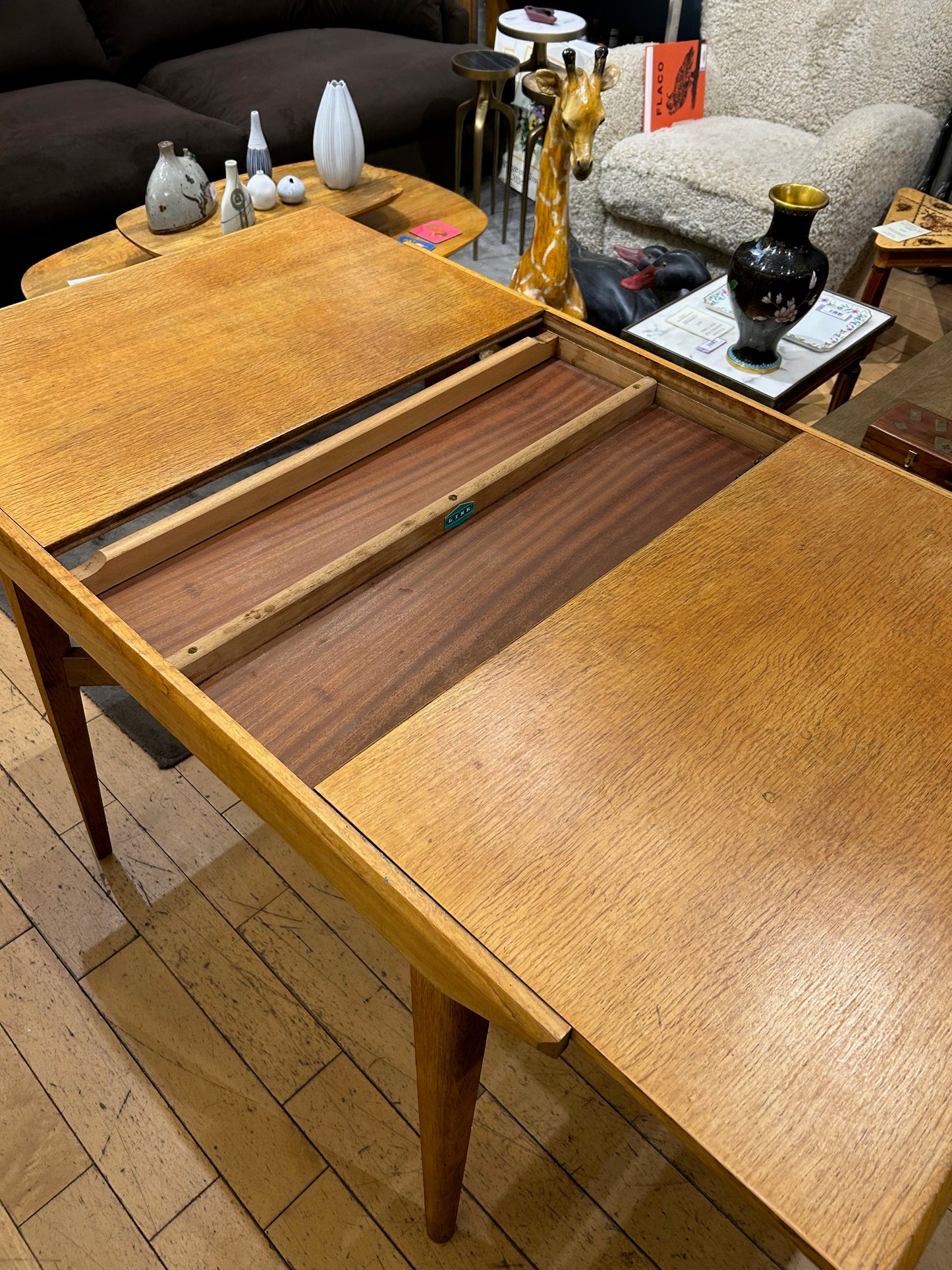 Midcentury Oak Dining Table with 2 Leaves